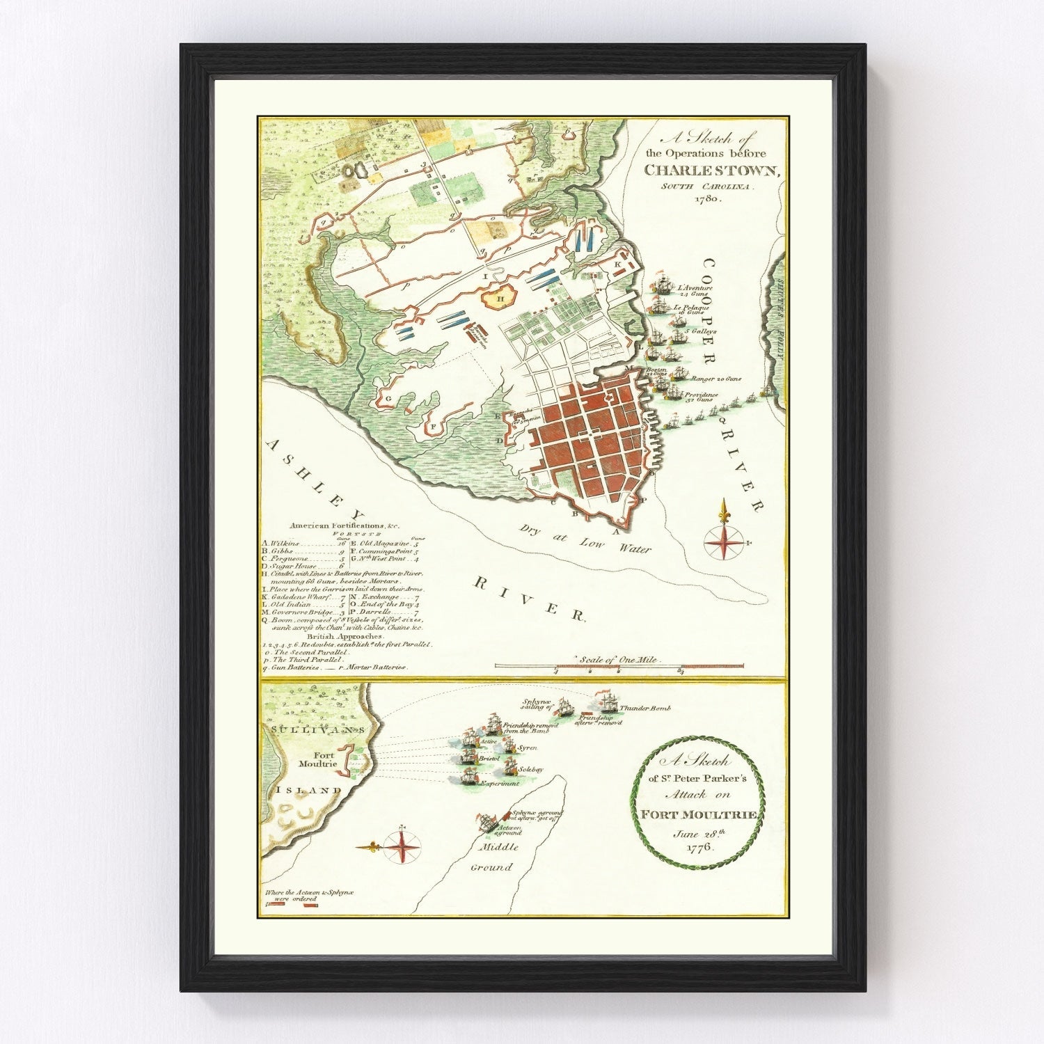 Restored vintage map of Fort Moultrie, South Carolina, 1780
