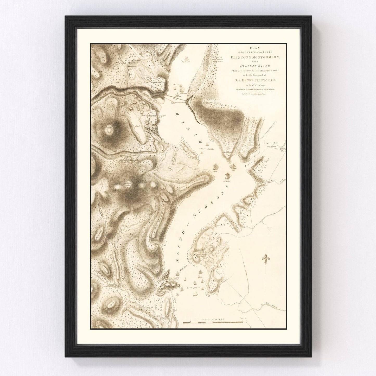 Restored vintage map of the Attack on Fort Clinton and Fort Montgomery, 1794