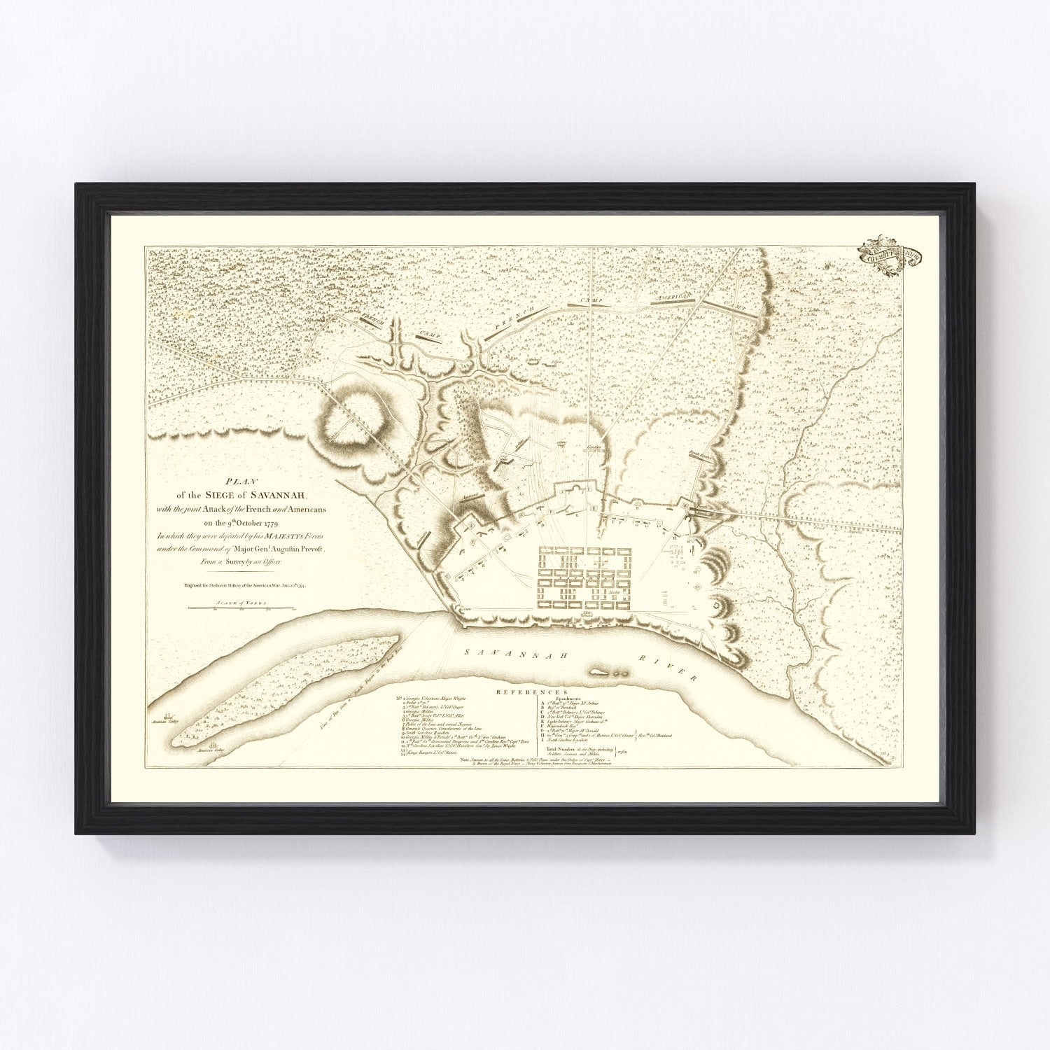 Vintage 1794 military map of the Siege of Savannah Georgia, Revolutionary War era restored print
