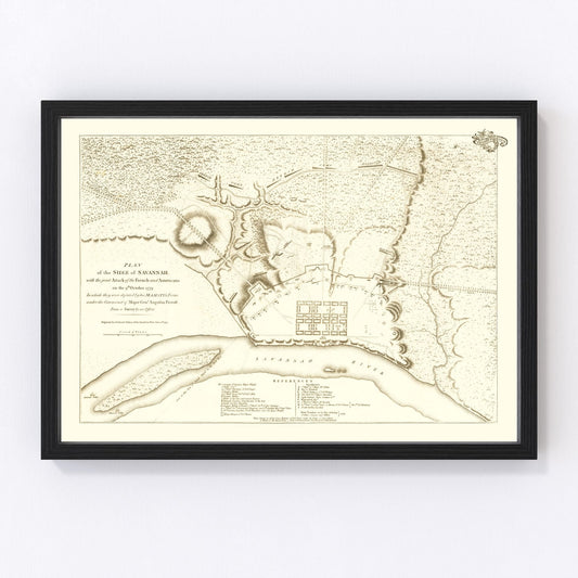 Vintage 1794 military map of the Siege of Savannah Georgia, Revolutionary War era restored print