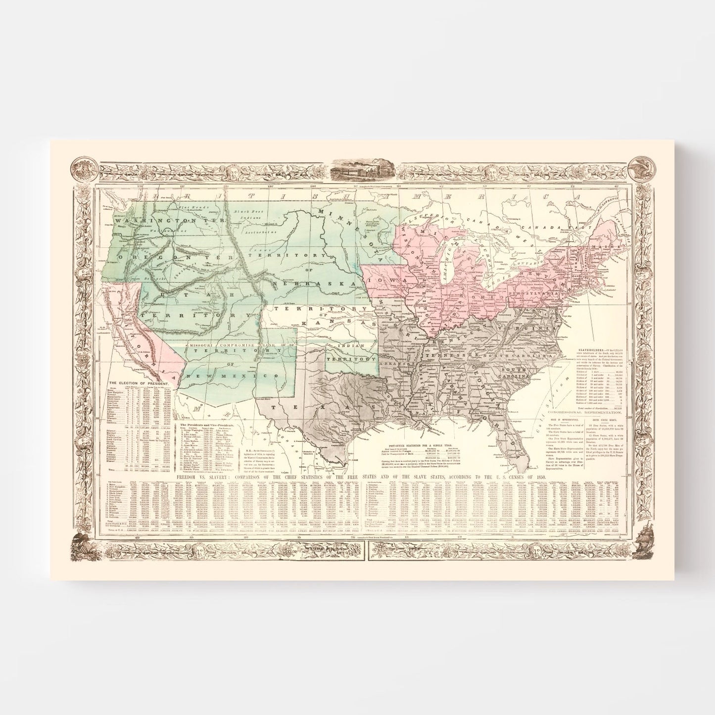 Vintage United States Slave States Map, 1856
