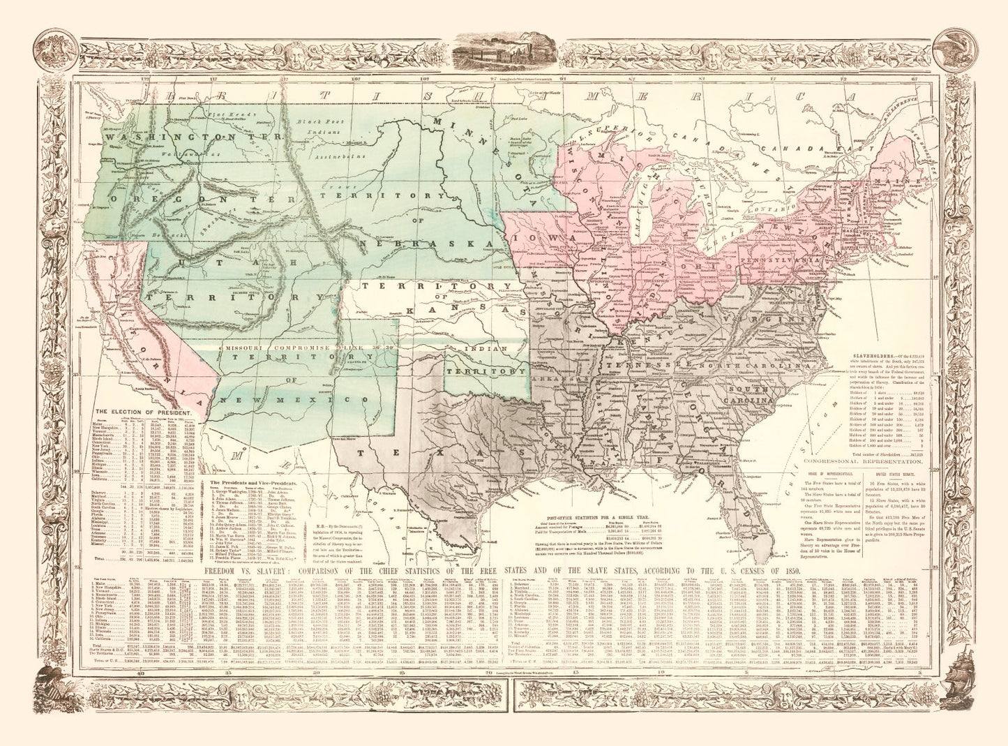 Vintage United States Slave States Map, 1856