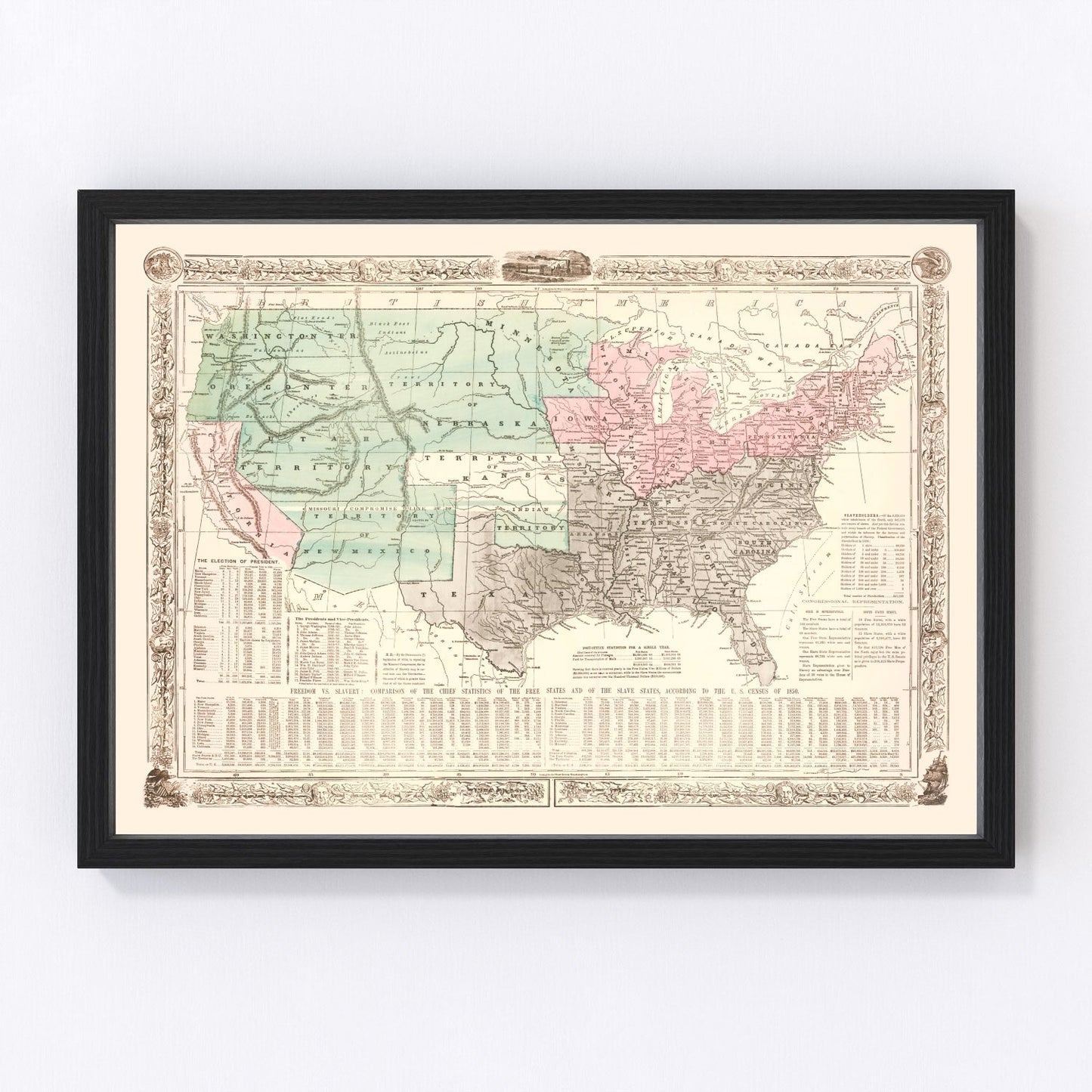Vintage 1856 map of US slave states showing distribution of slavery, pre-Civil War era restored print