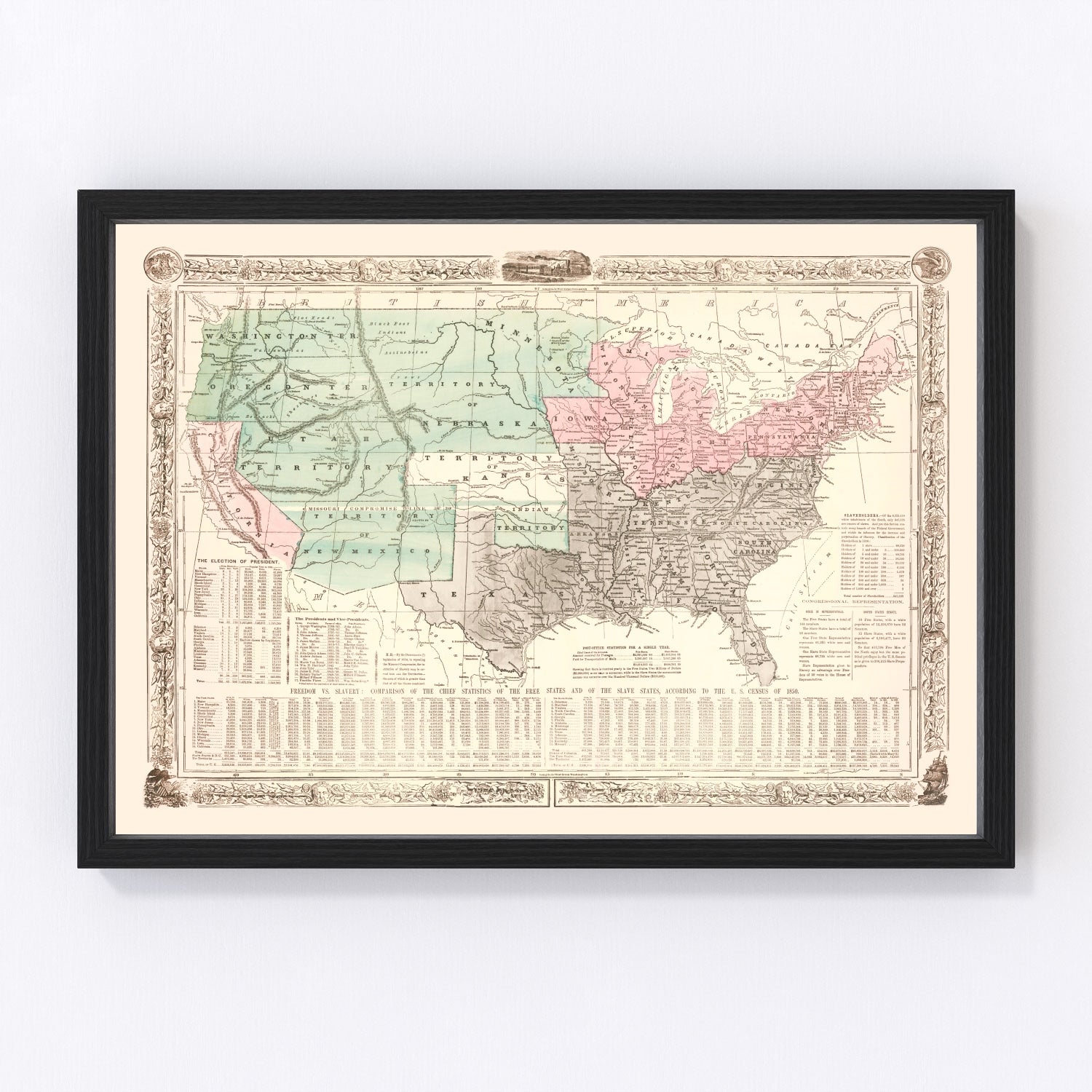Vintage 1856 map of US slave states showing distribution of slavery, pre-Civil War era restored print