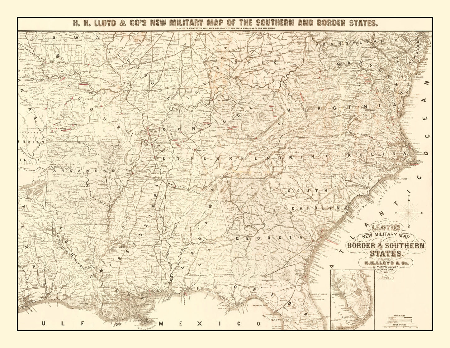 Vintage Military Map of the Southern United States, 1861