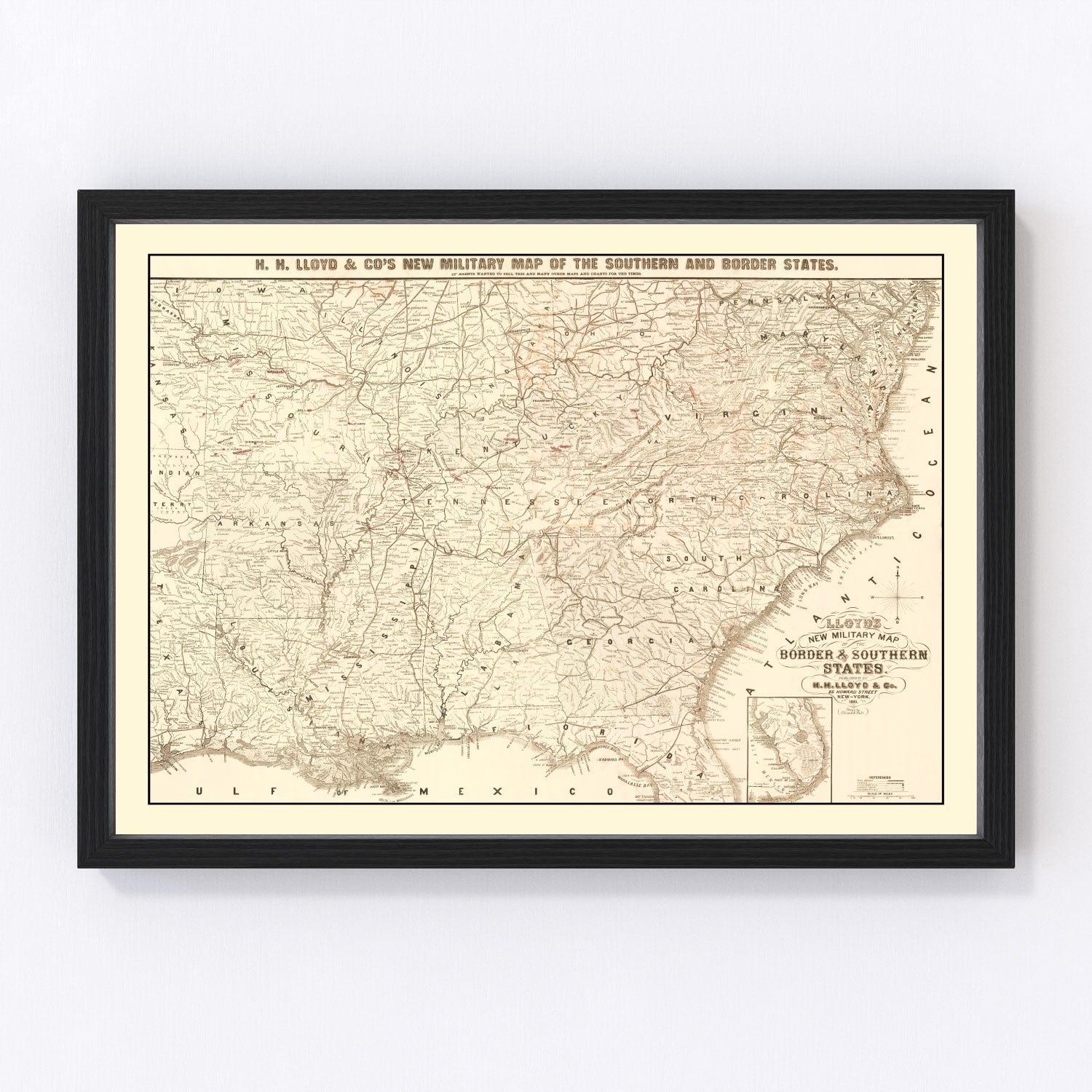 Vintage 1861 Civil War military map of the Southern United States, restored print