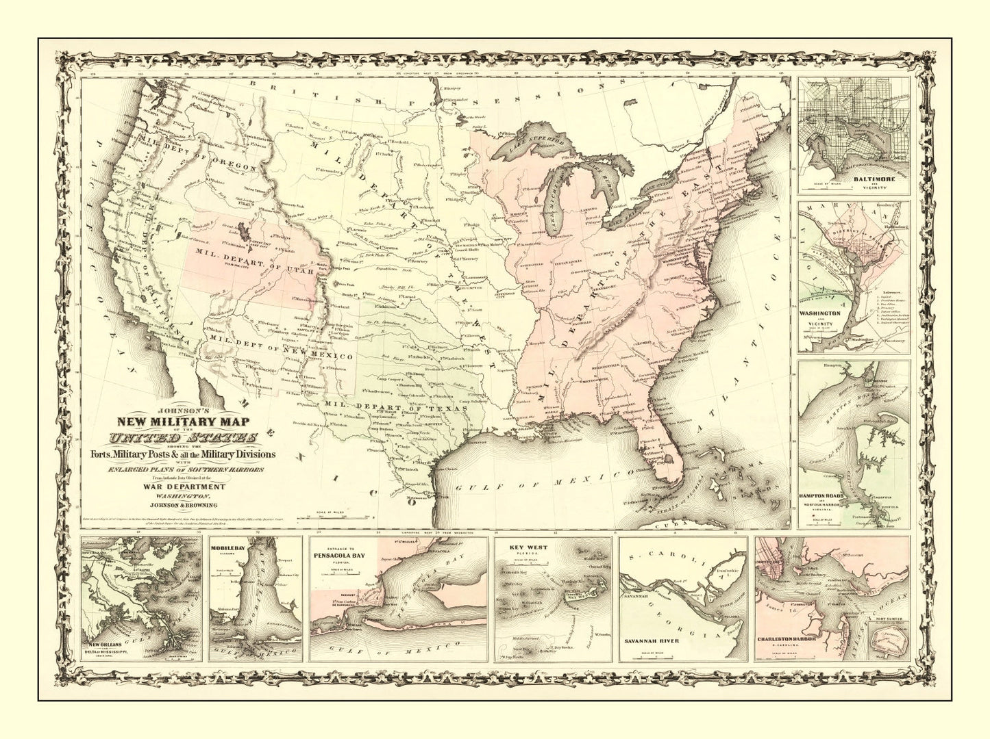Vintage Military Map of the Southern Harbors, 1861