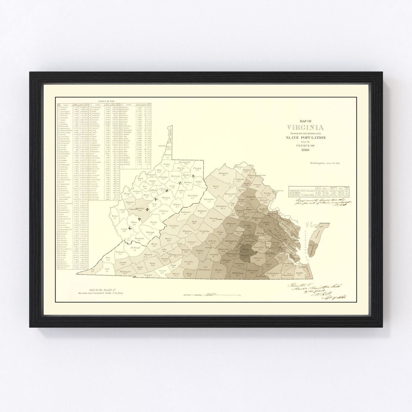 Vintage 1861 Virginia abolitionist map showing distribution of enslaved people, Civil War era restored print