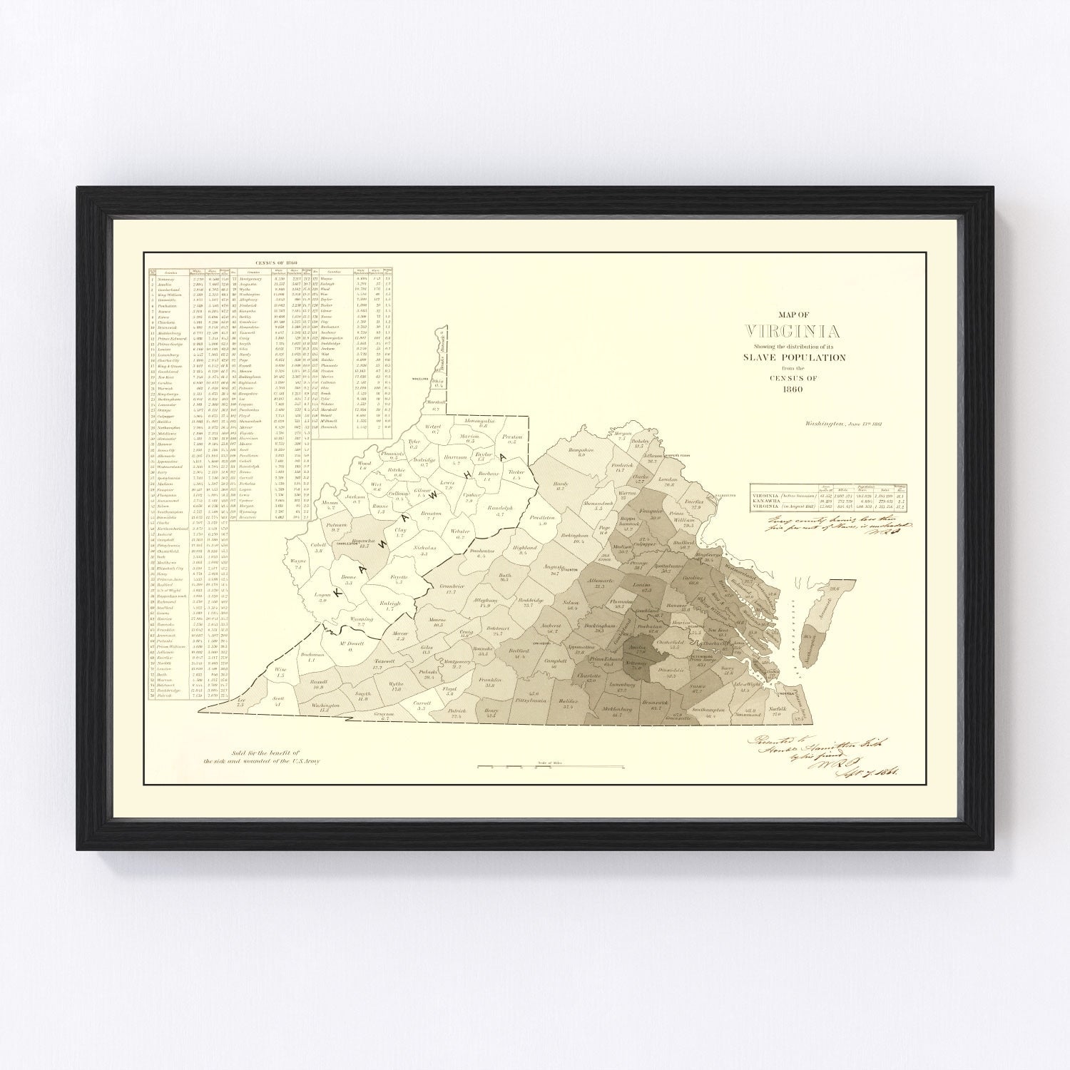 Vintage 1861 Virginia abolitionist map showing distribution of enslaved people, Civil War era restored print