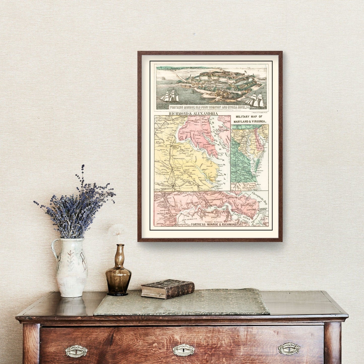 Vintage Fortress Monroe, Virginia Map, 1861