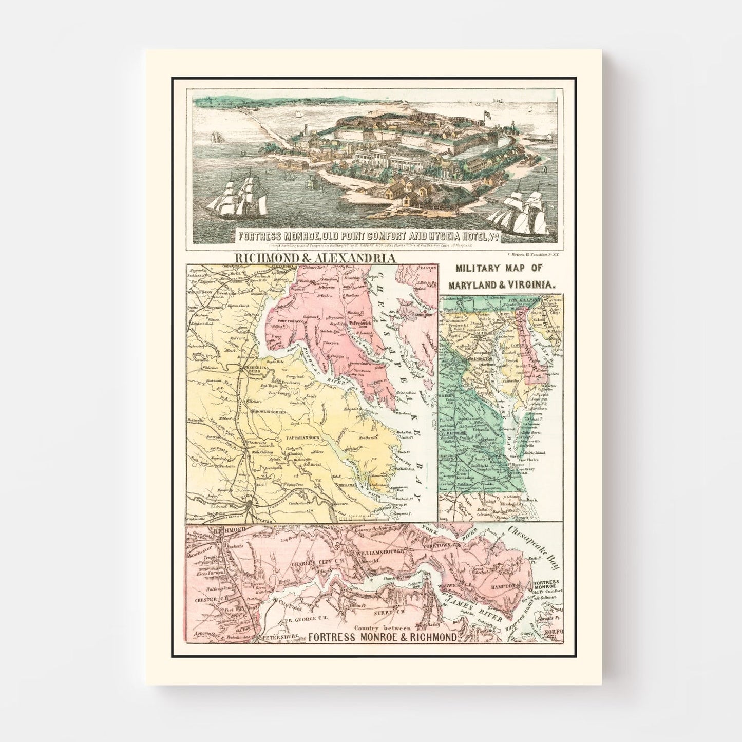 Vintage Fortress Monroe, Virginia Map, 1861