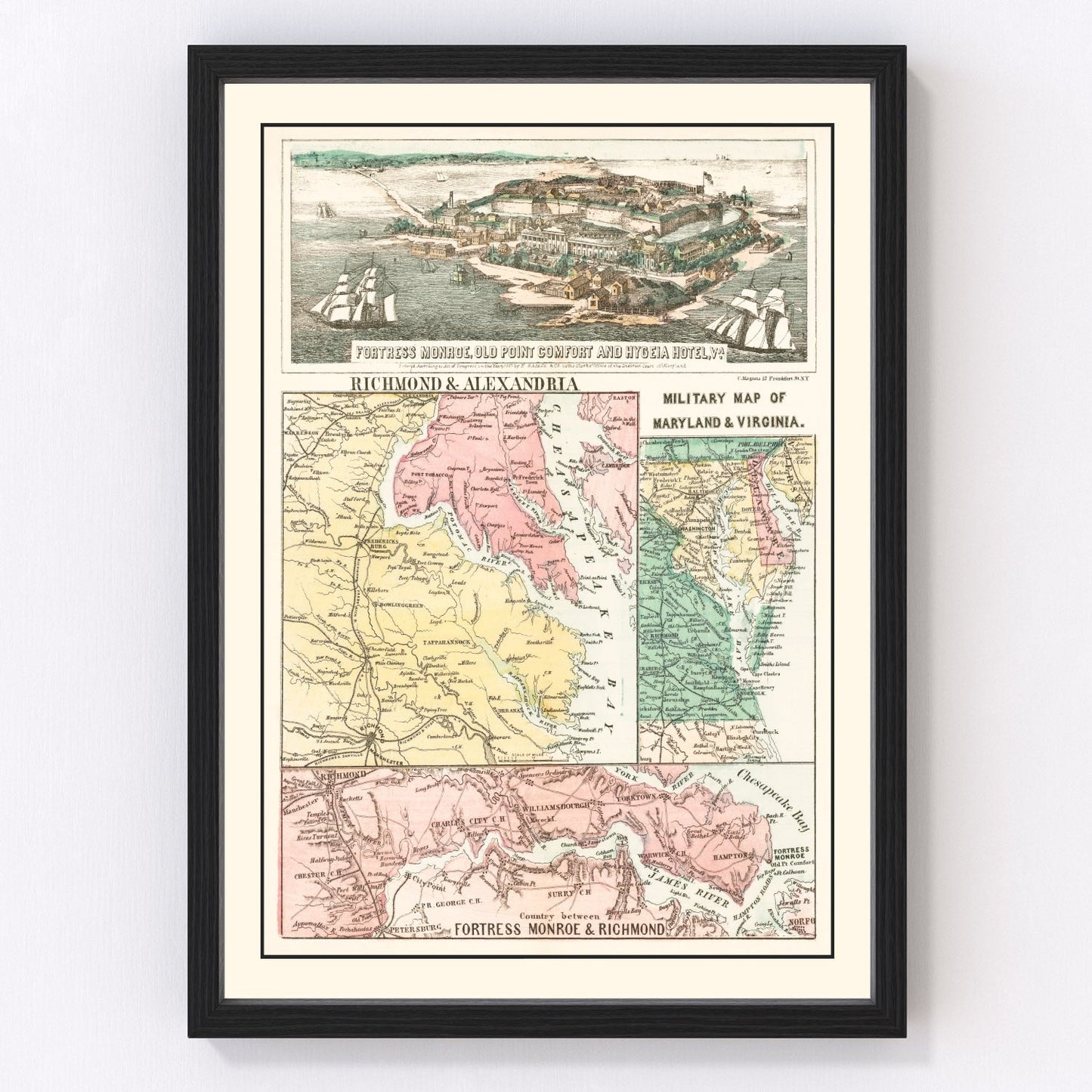 Restored vintage map of Fortress Monroe, Virginia, 1861