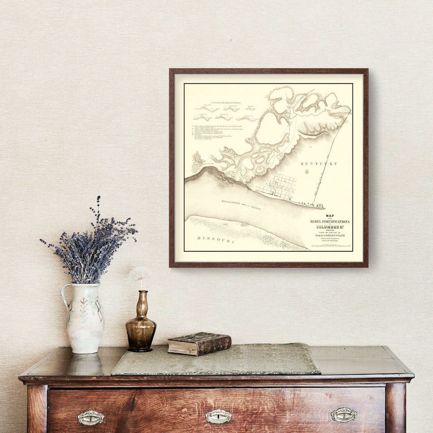 Vintage Map of Rebel Fortifications at Columbus, Kentucky 1862