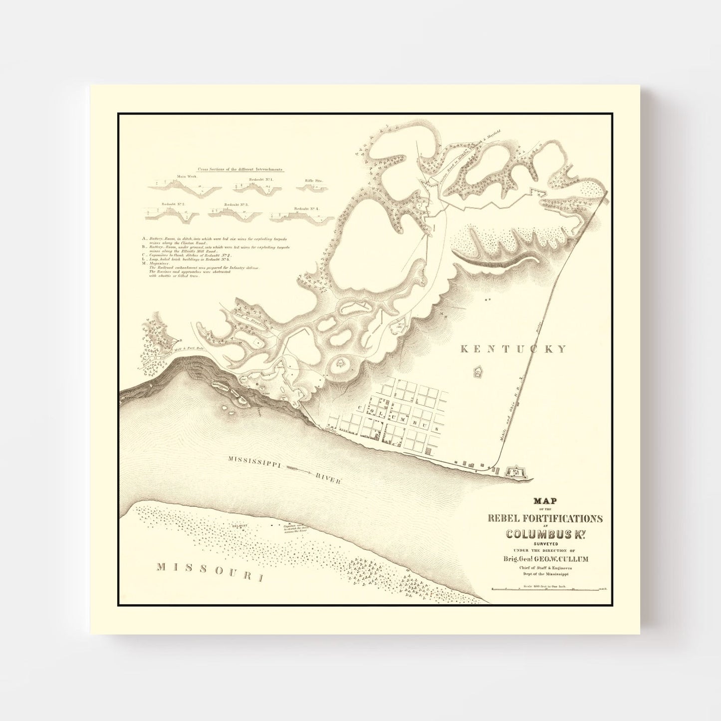 Vintage Map of Rebel Fortifications at Columbus, Kentucky 1862