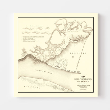 Vintage Map of Rebel Fortifications at Columbus, Kentucky 1862