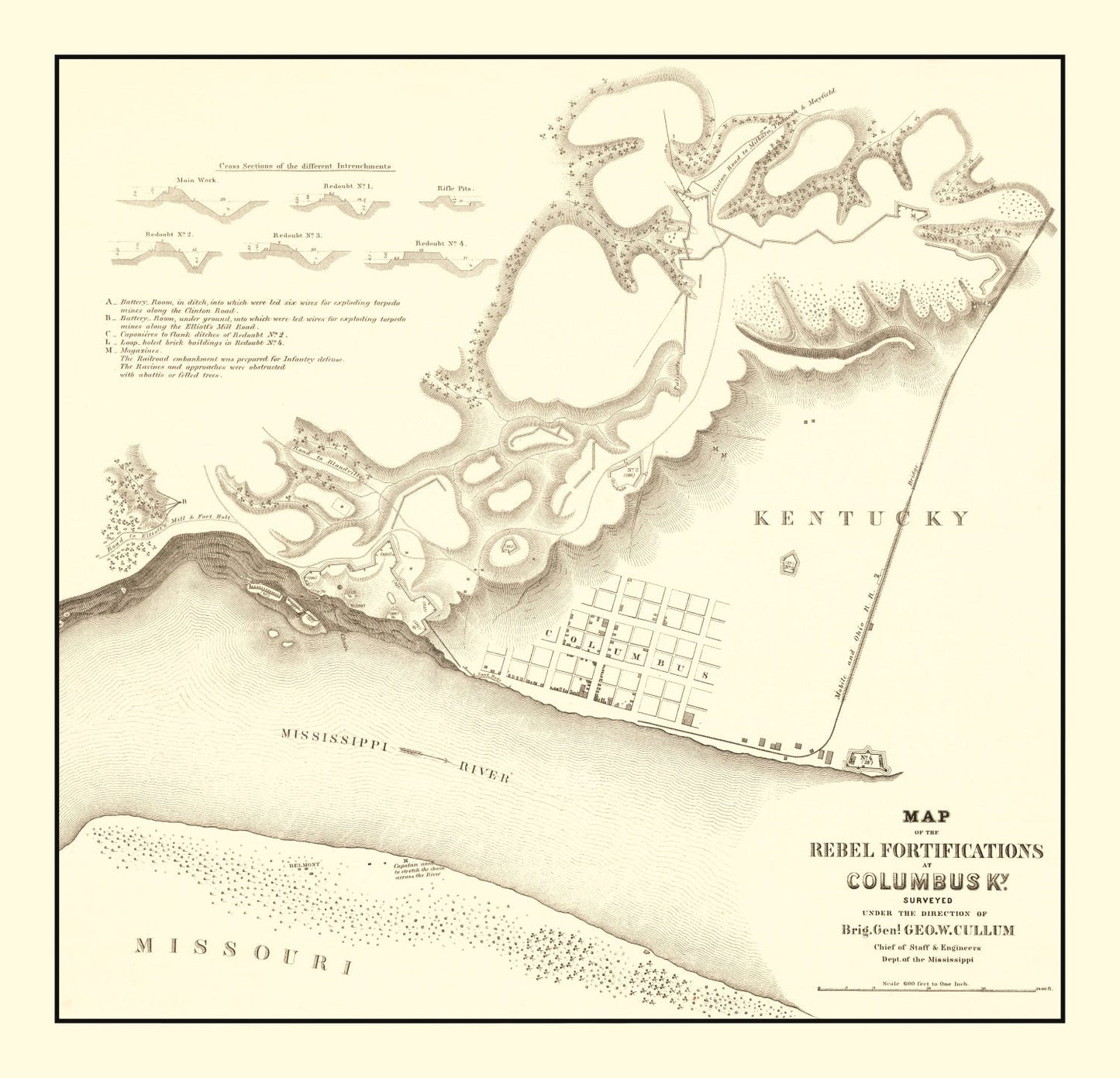 Vintage Map of Rebel Fortifications at Columbus, Kentucky 1862