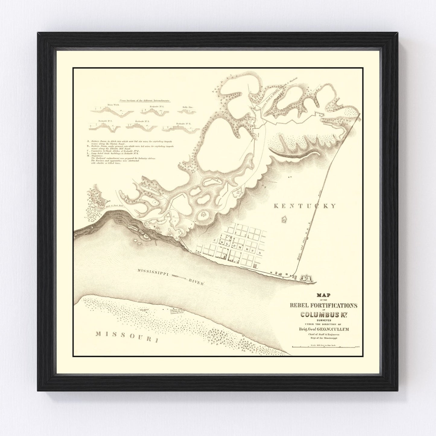 vintage map of rebel fortifications at Columbus, Kentucky, 1862