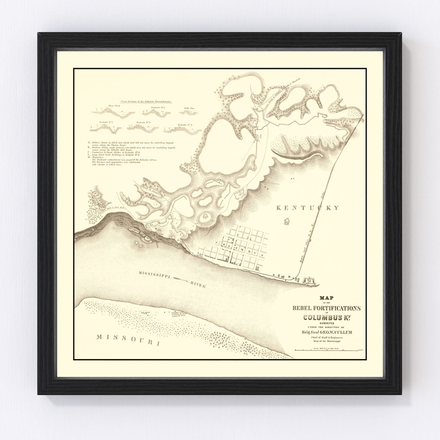 vintage map of rebel fortifications at Columbus, Kentucky, 1862