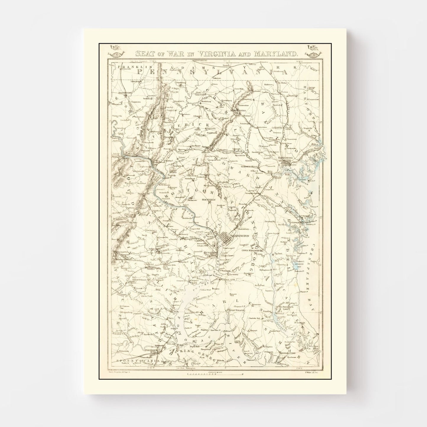 Vintage Seat of War in Virginia and Maryland Map, 1863