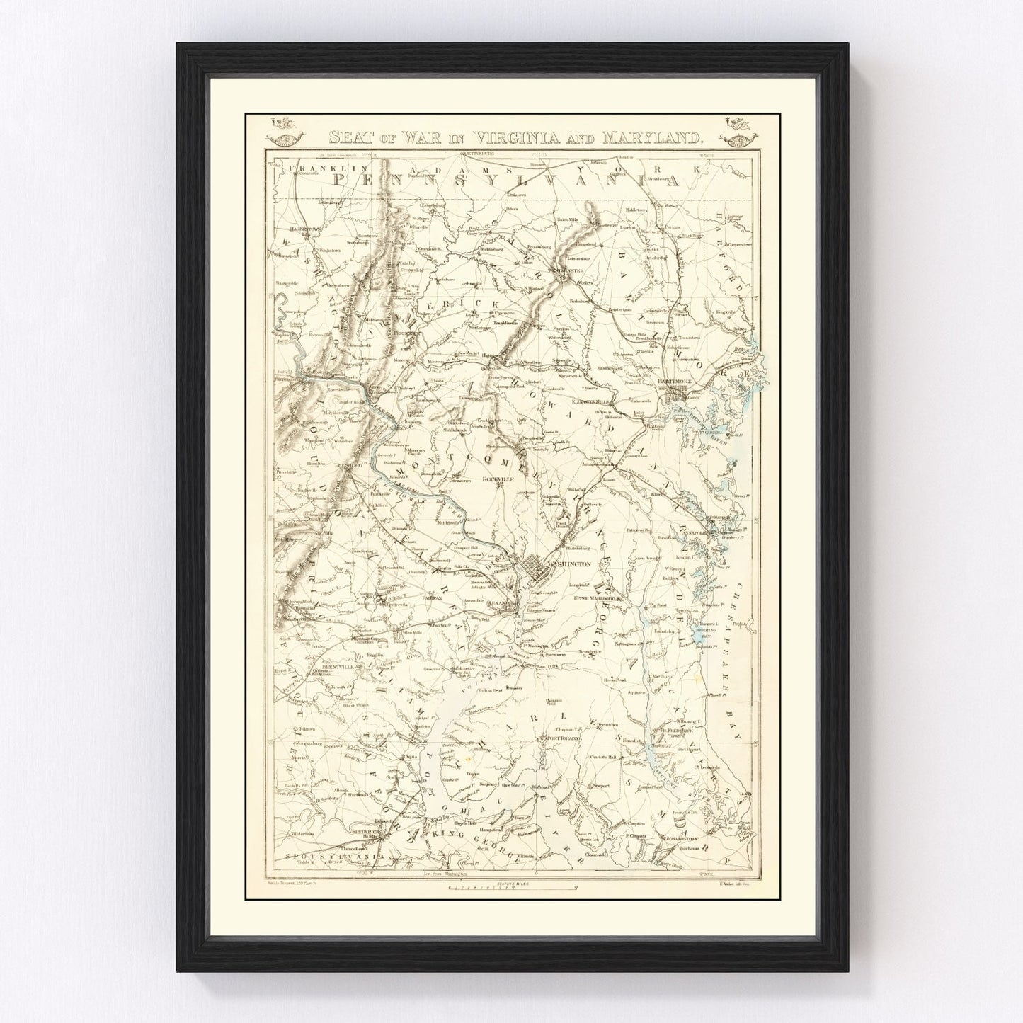Vintage 1863 Civil War map of the seat of war in Virginia and Maryland, restored military cartographic print