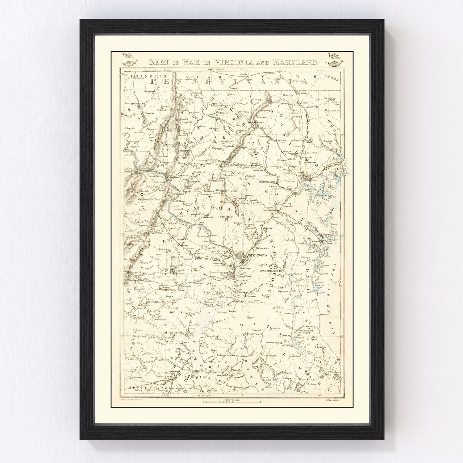 Vintage 1863 Civil War map of the seat of war in Virginia and Maryland, restored military cartographic print