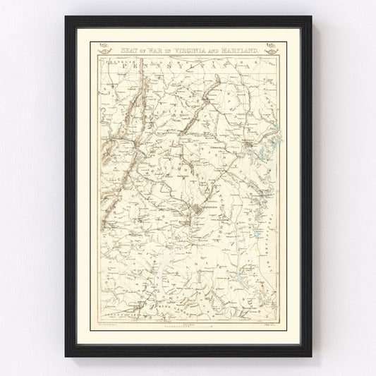 Vintage 1863 Civil War map of the seat of war in Virginia and Maryland, restored military cartographic print