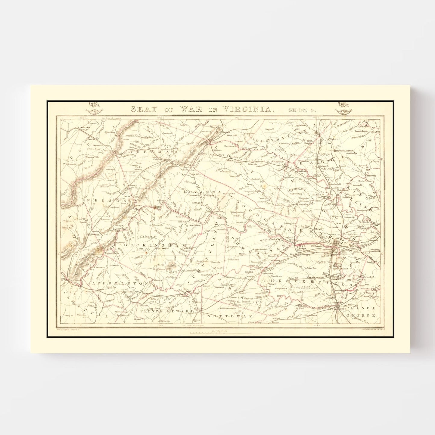 Vintage Map of the Seat of War in Virginia, 1863