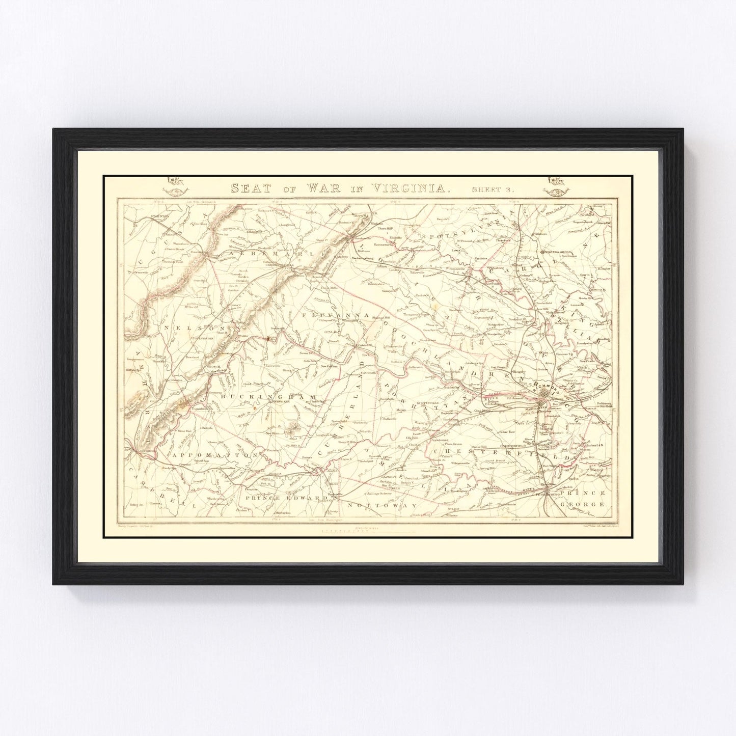 vintage map of the seat of war in Virginia, 1863