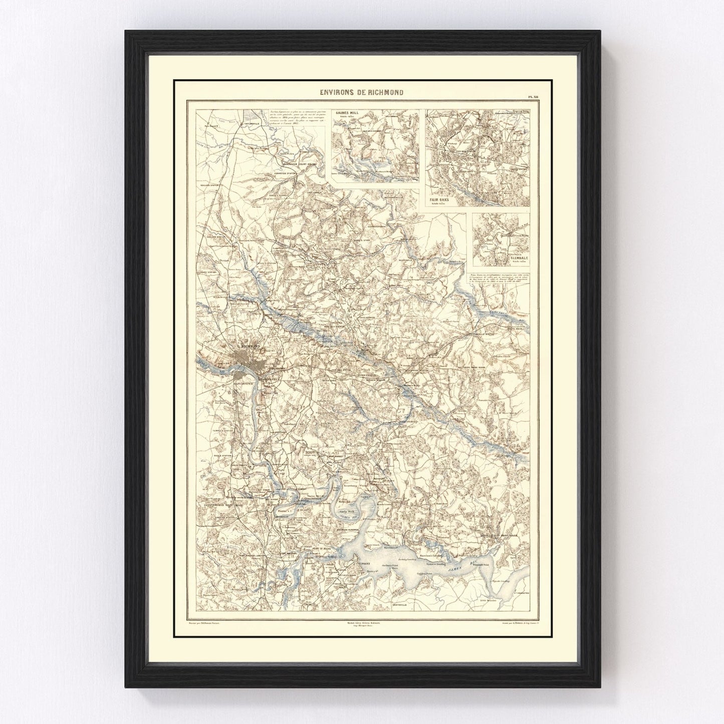 vintage map of Richmond, Virginia, 1874, post-Civil War city streets
