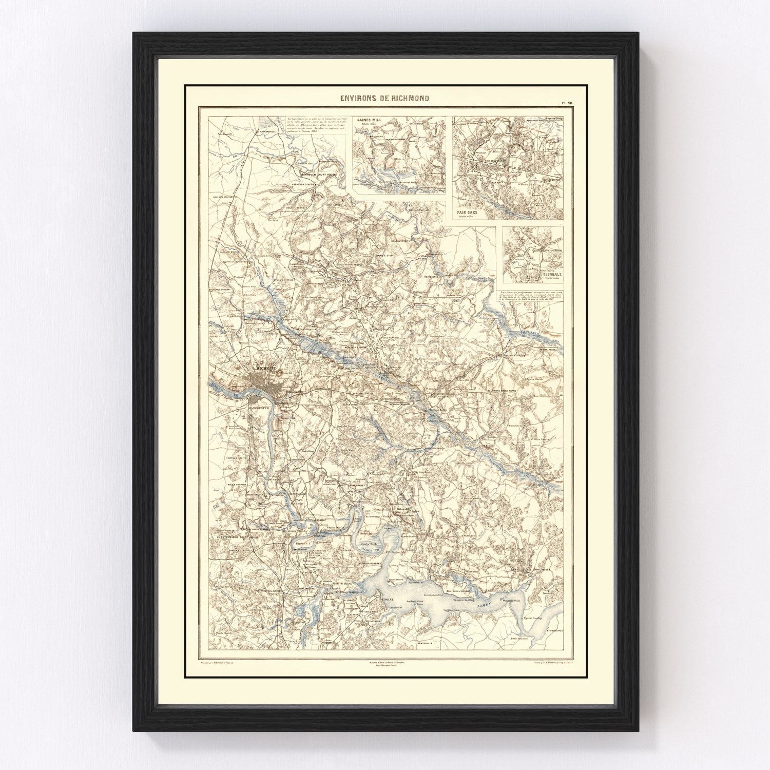 vintage map of Richmond, Virginia, 1874, post-Civil War city streets