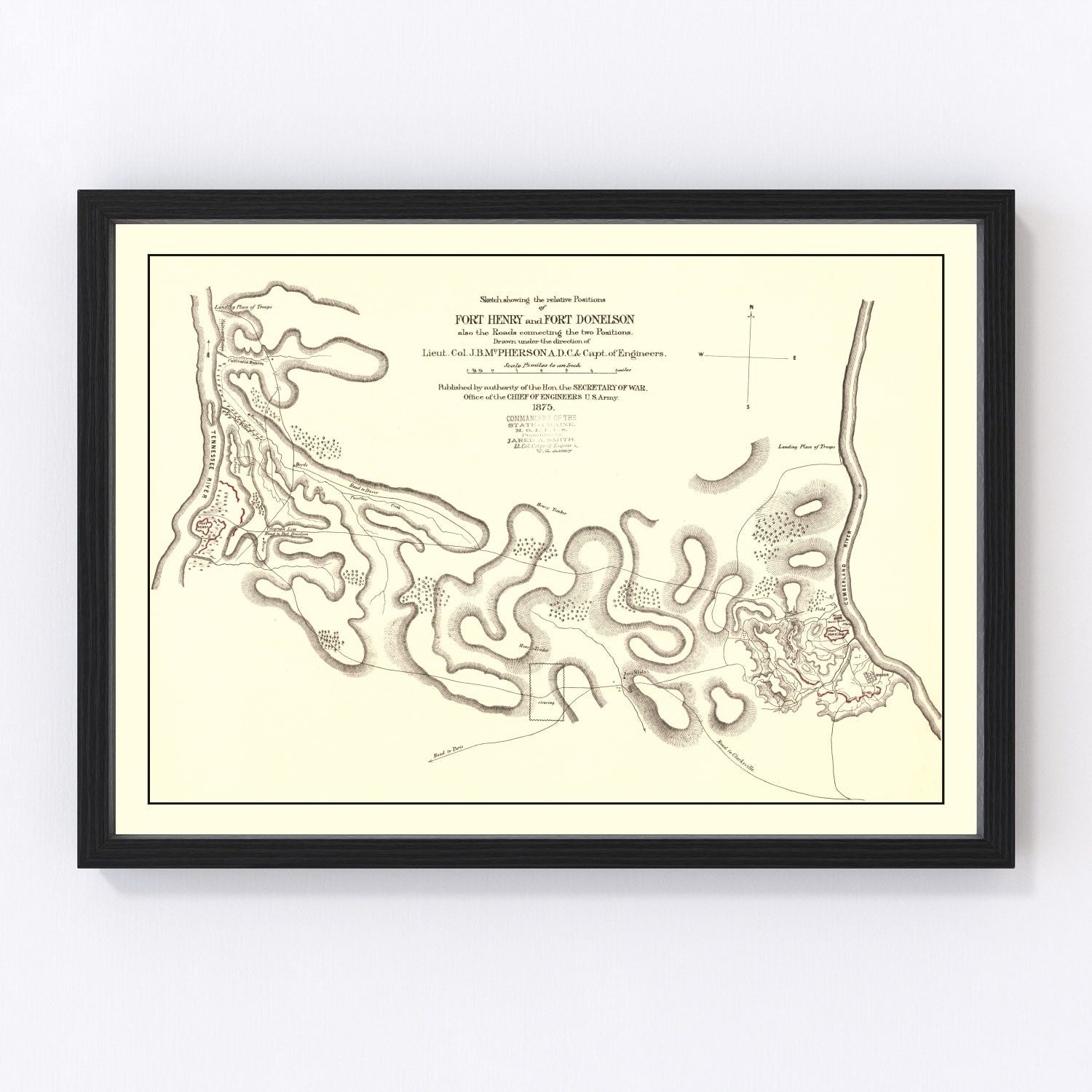 Restored vintage map of Fort Henry and Fort Donelson, 1875