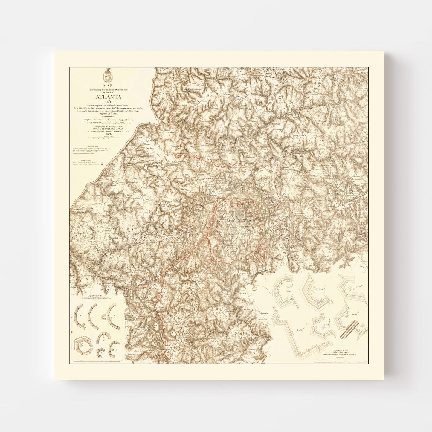 Vintage Map of Military Operations in Atlanta, Georgia, 1875