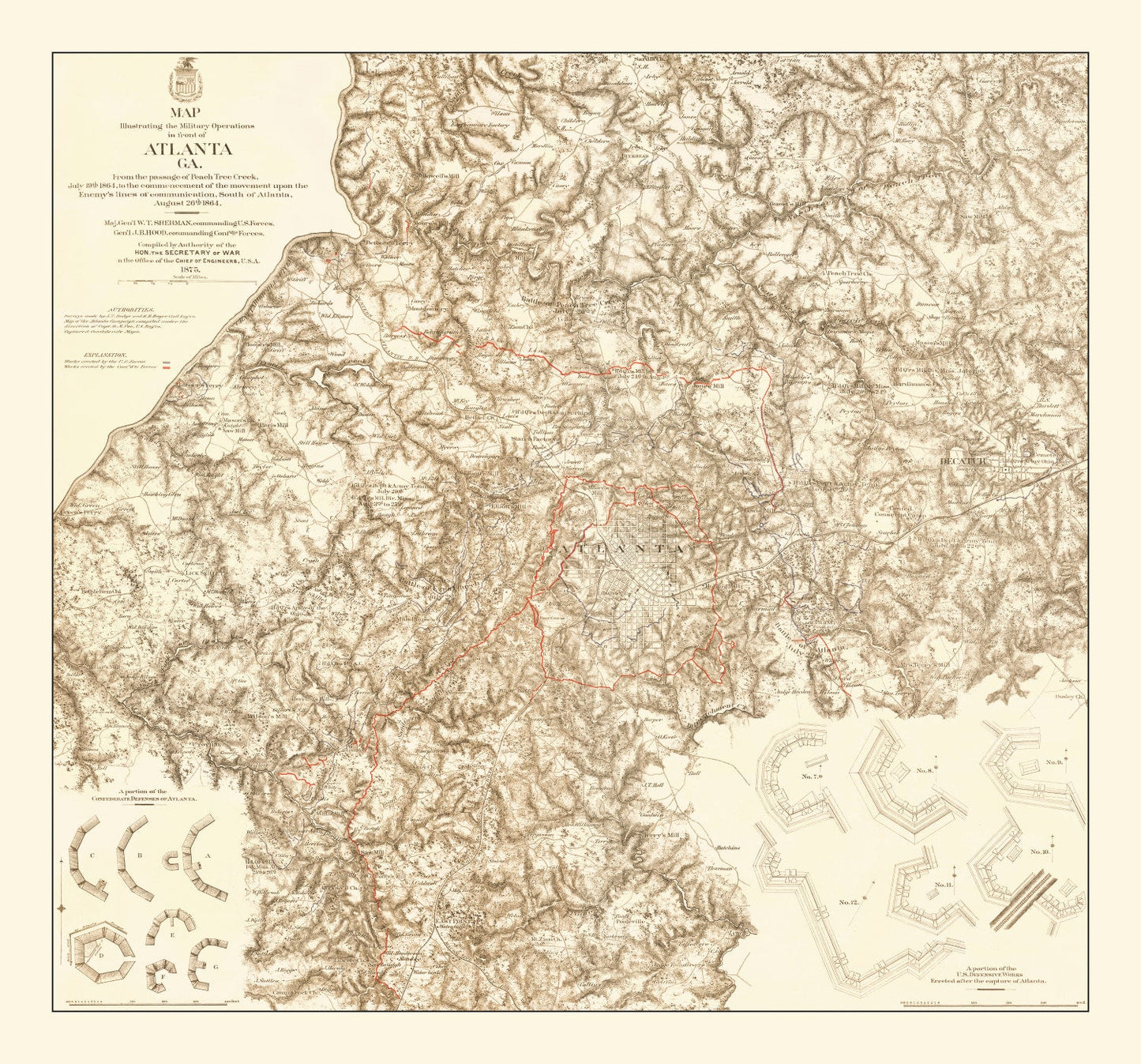 Vintage Map of Military Operations in Atlanta, Georgia, 1875