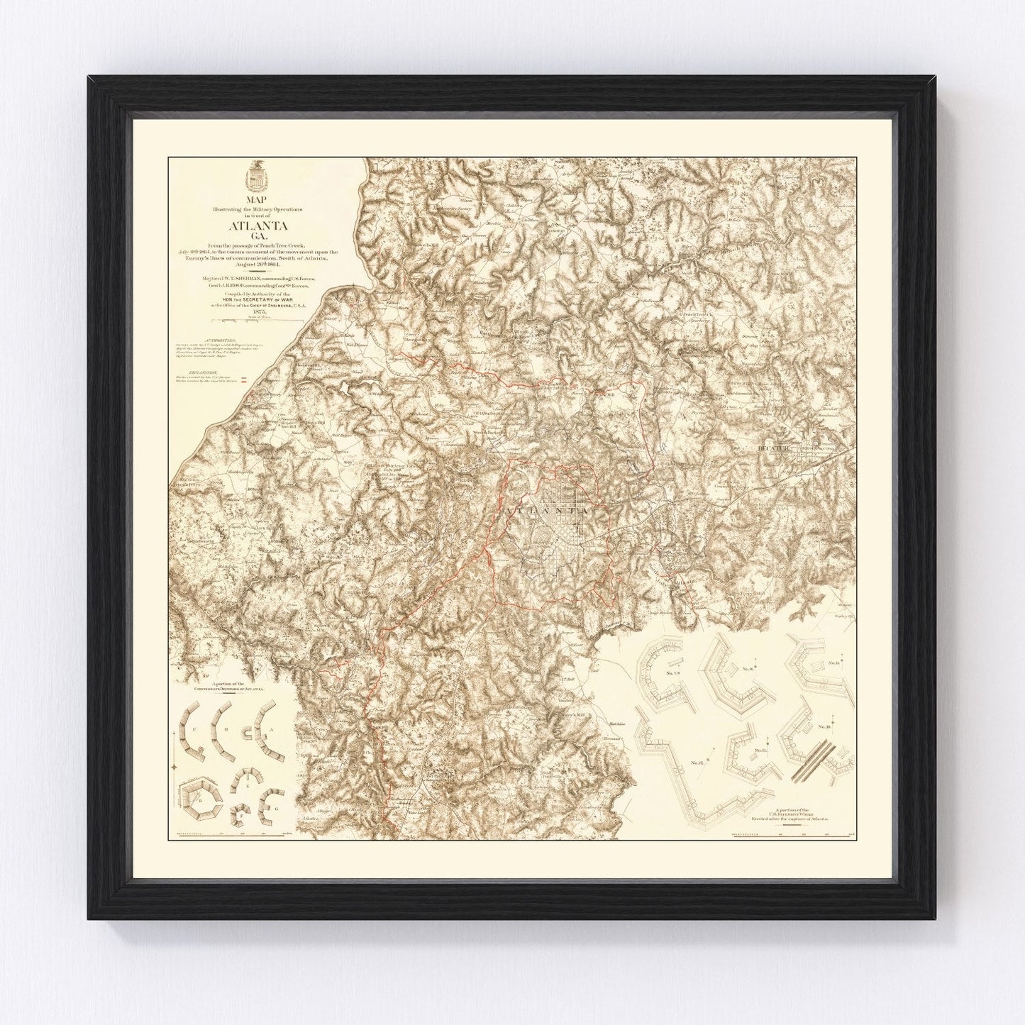 Vintage map of military operations in Atlanta, Georgia, 1875, Civil War