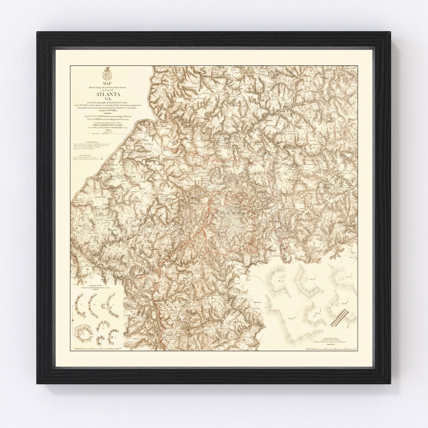 Vintage map of military operations in Atlanta, Georgia, 1875, Civil War