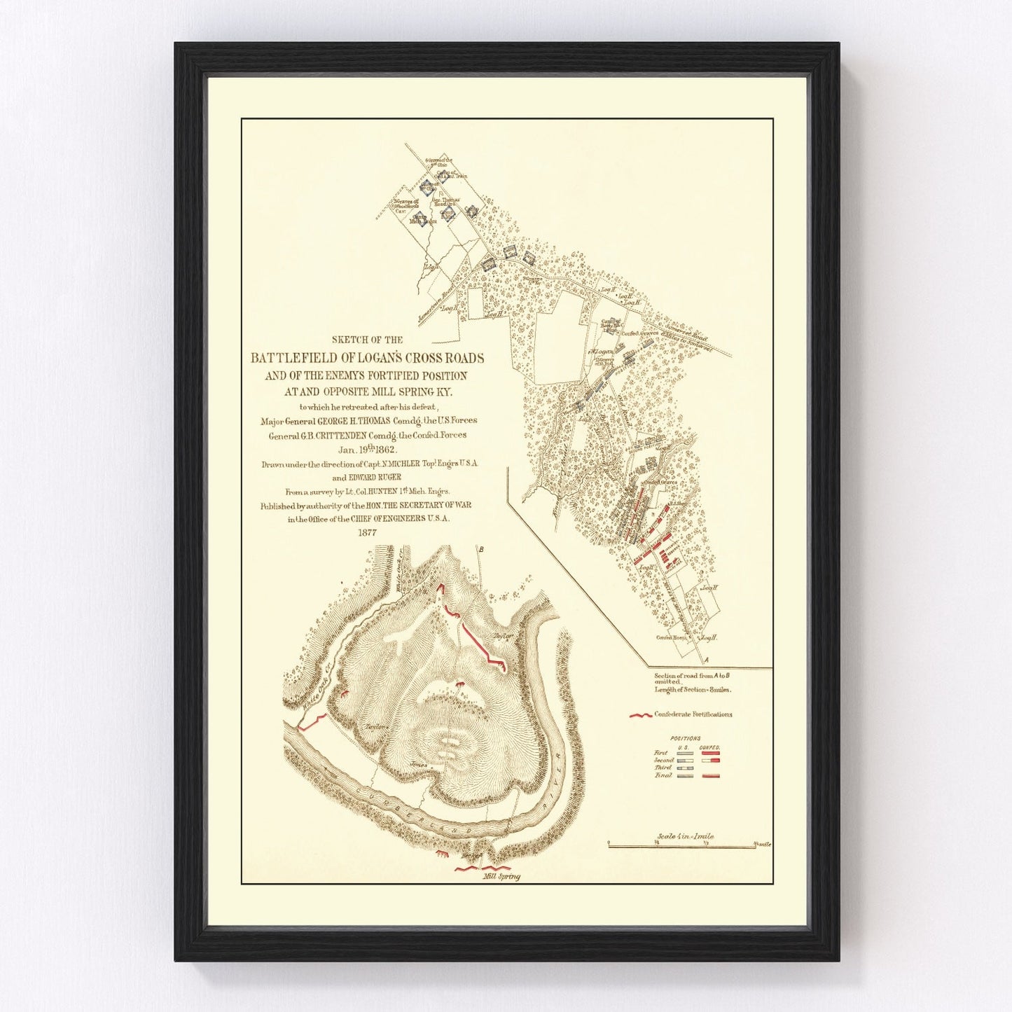 vintage map of Logan's Cross Roads battlefield, 1877, restored print wall art