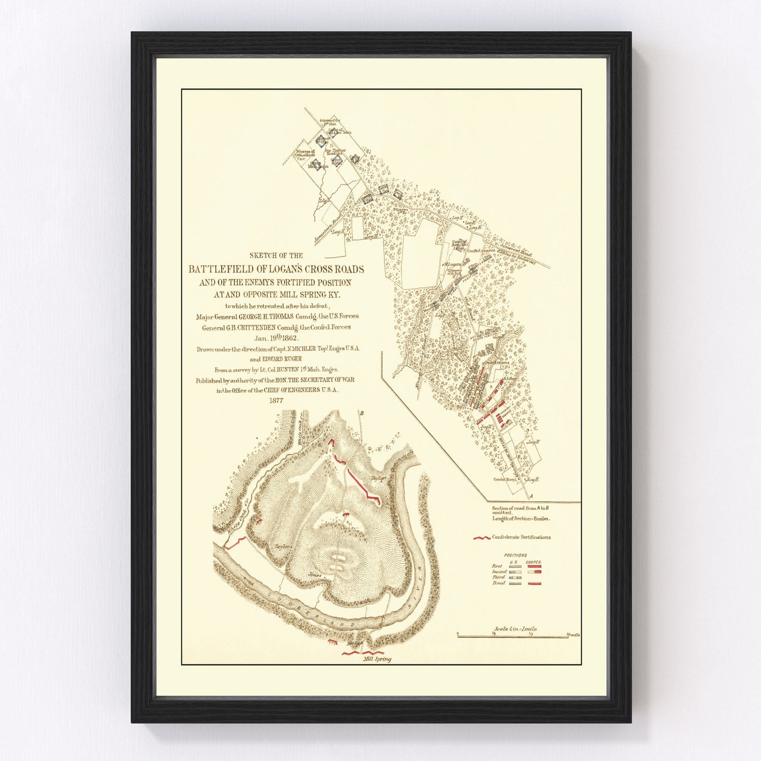 vintage map of Logan's Cross Roads battlefield, 1877, restored print wall art