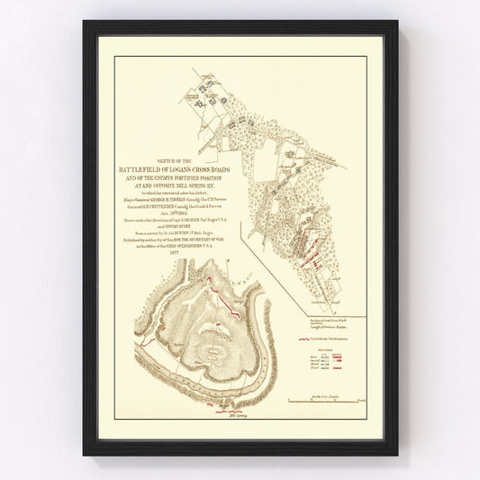 vintage map of Logan's Cross Roads battlefield, 1877, restored print wall art