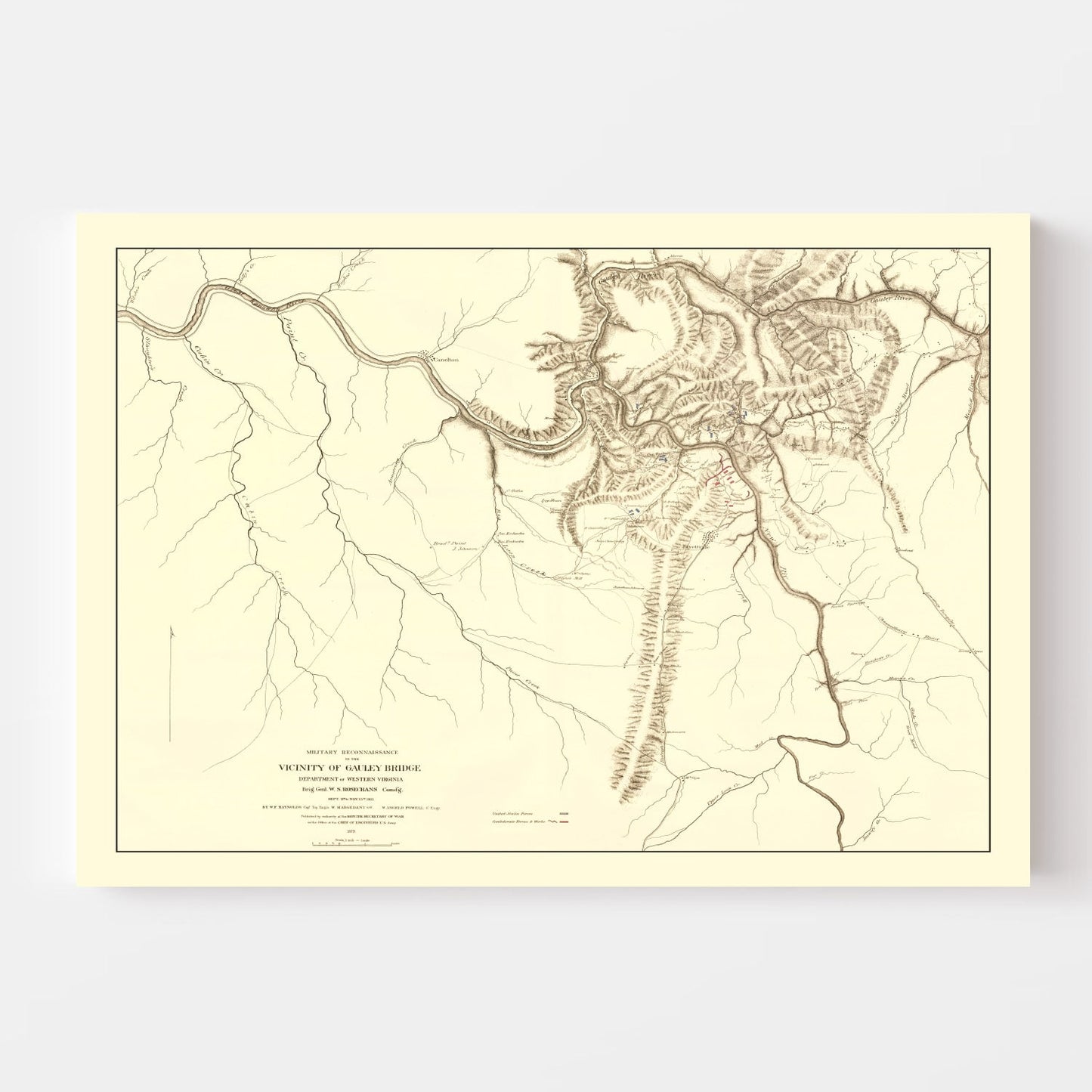 Vintage Gauley Bridge, WV Military Map, 1879