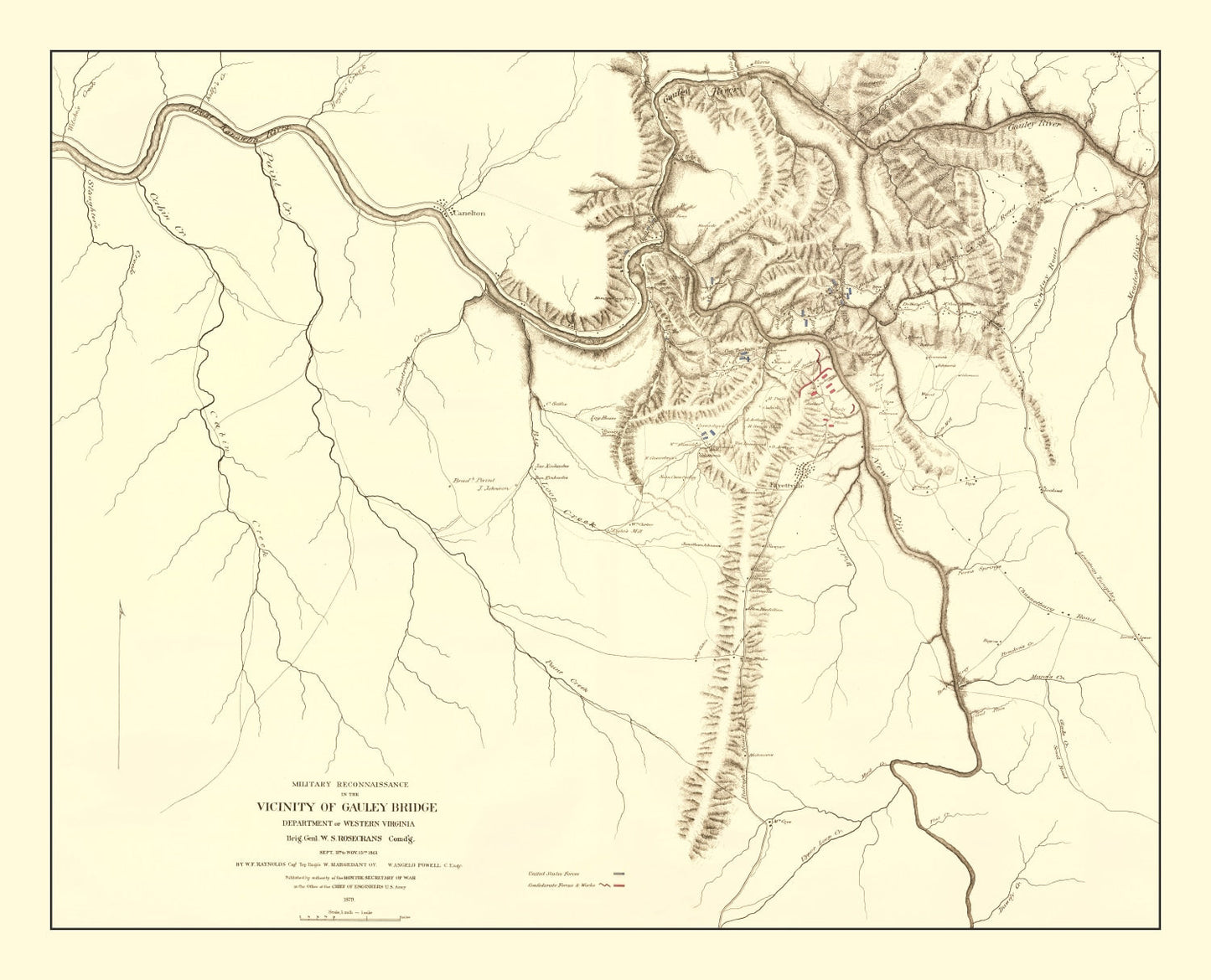 Vintage Gauley Bridge, WV Military Map, 1879