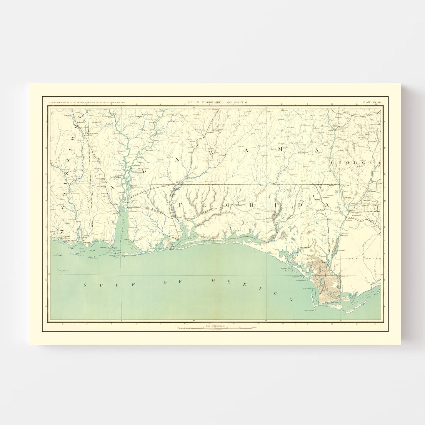 Vintage Civil War Gulf Coast Topographic Map, 1893