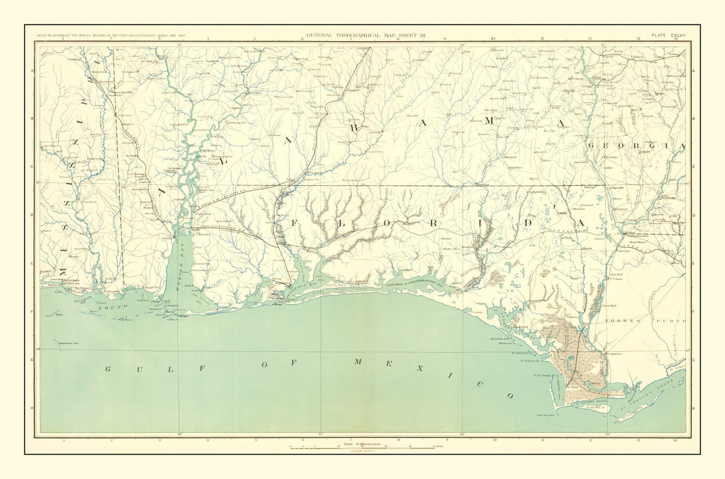Vintage Civil War Gulf Coast Topographic Map, 1893