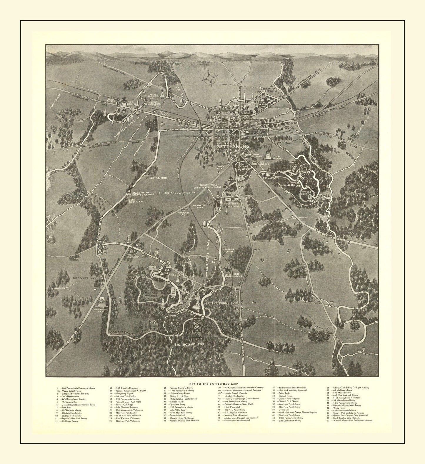 Vintage Gettysburg Battlefield Map, 1936
