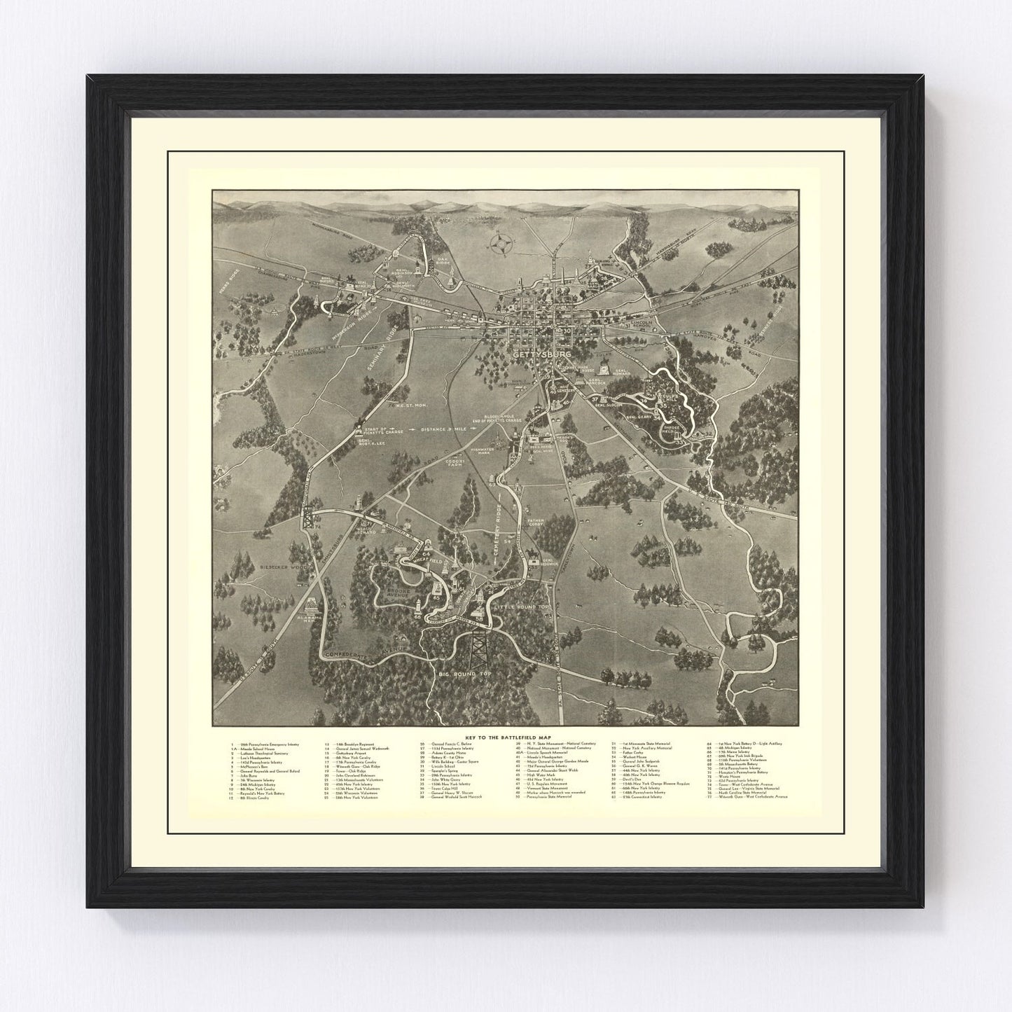 Vintage map of the Gettysburg Battlefield, Civil War, 1936