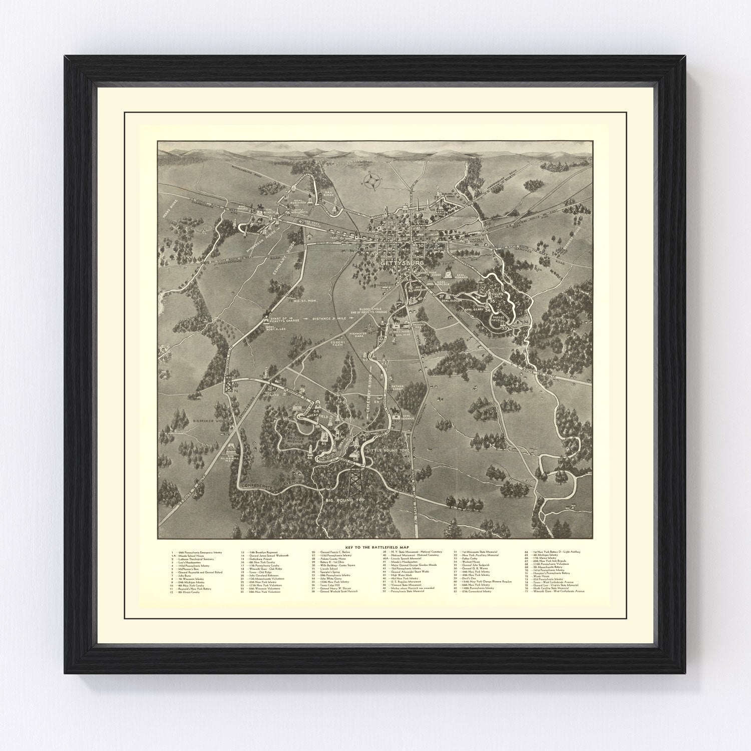 Vintage map of the Gettysburg Battlefield, Civil War, 1936