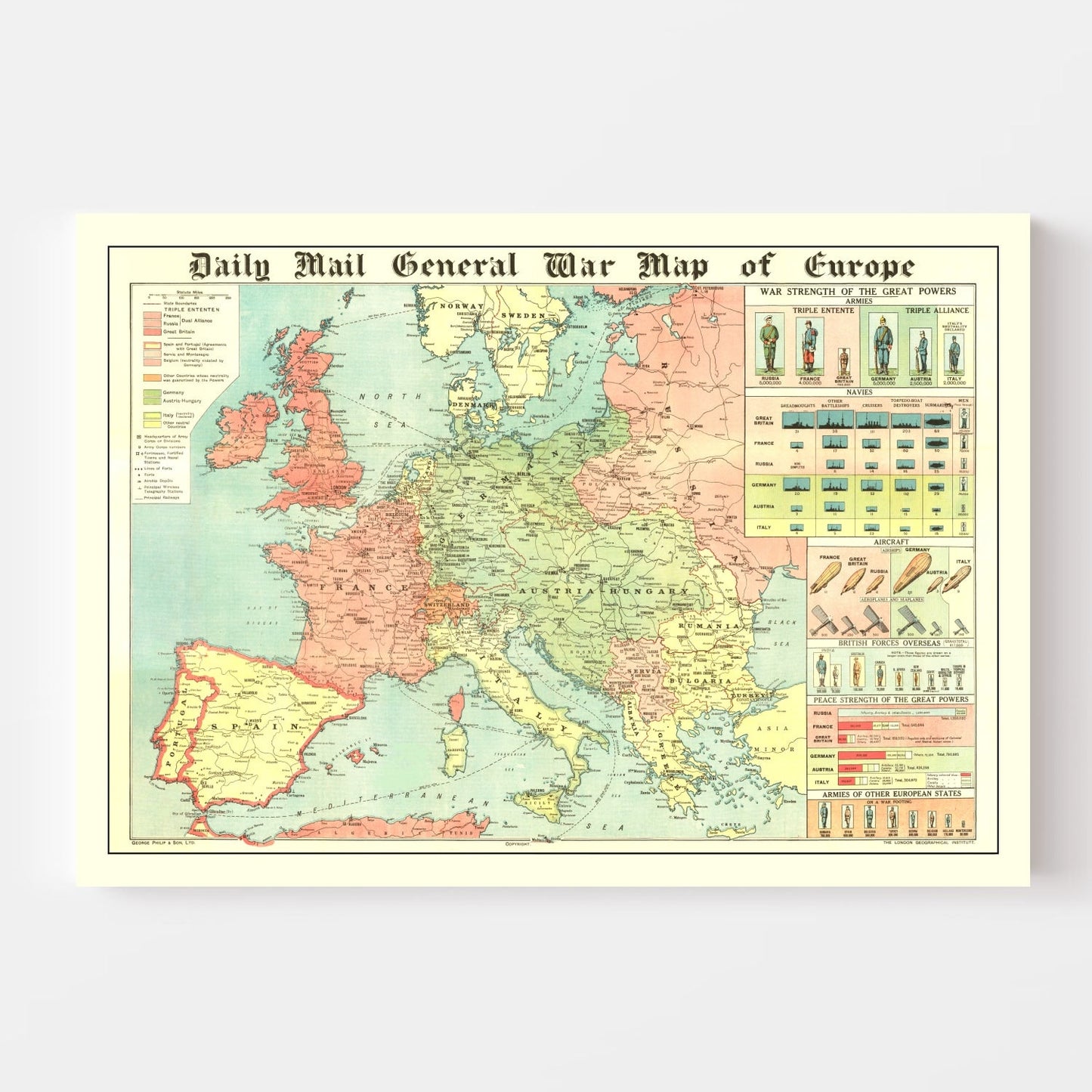 Vintage World War I Map of Europe, 1914