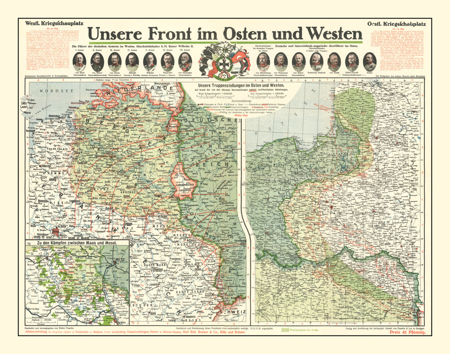 Vintage German Front in World War I Map, 1915