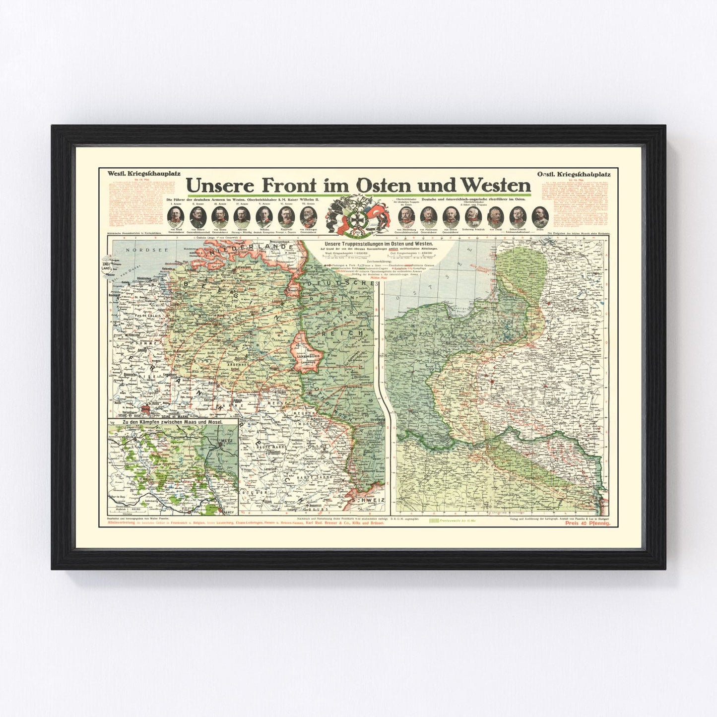 Vintage map of the German Front in World War I, Western Front, 1915