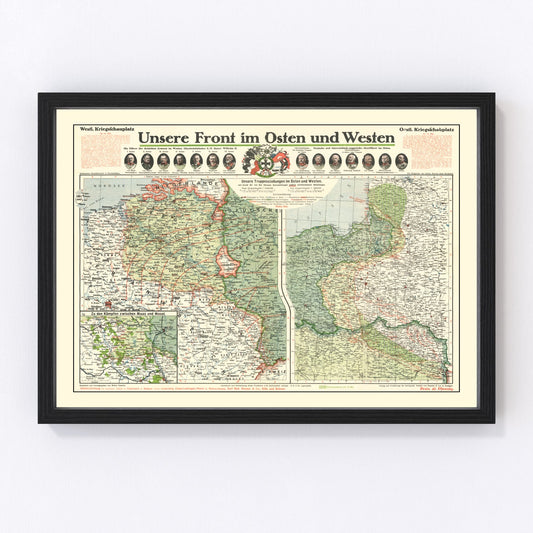 Vintage map of the German Front in World War I, Western Front, 1915