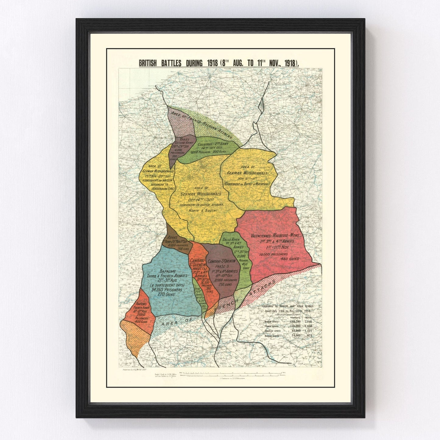 vintage map of British battles during 1918, WWI, restored print wall art